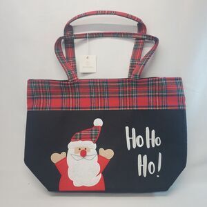 NEW Styline Felt Embroidered Santa Ho Ho Ho Tote Bag With Plaid Detail Christmas